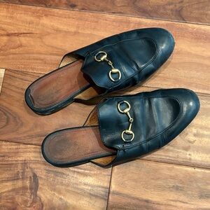 Gucci Black Leather Mules with Gold Hardware